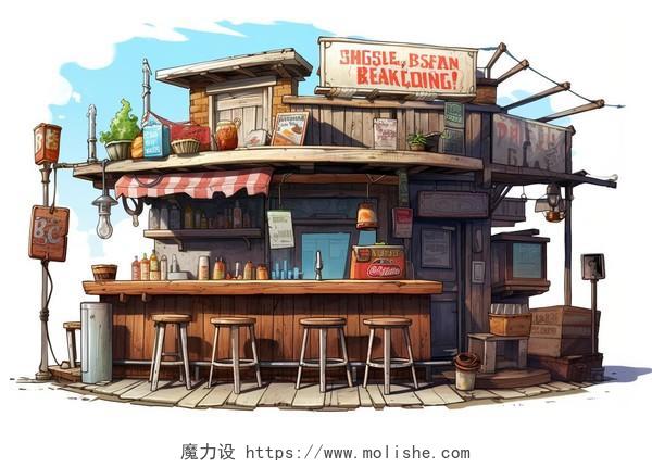 路边酒吧卡通水彩AI插画商店商铺